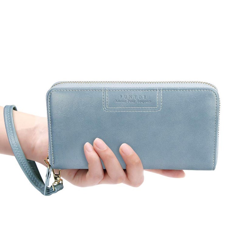 FT FUNTOR Wristlet Wallet for Women, Ladies Zip around Wallet PU Vegan Leather Clutch Long Purse Phone Card Holder Organizer Blue - Image 3